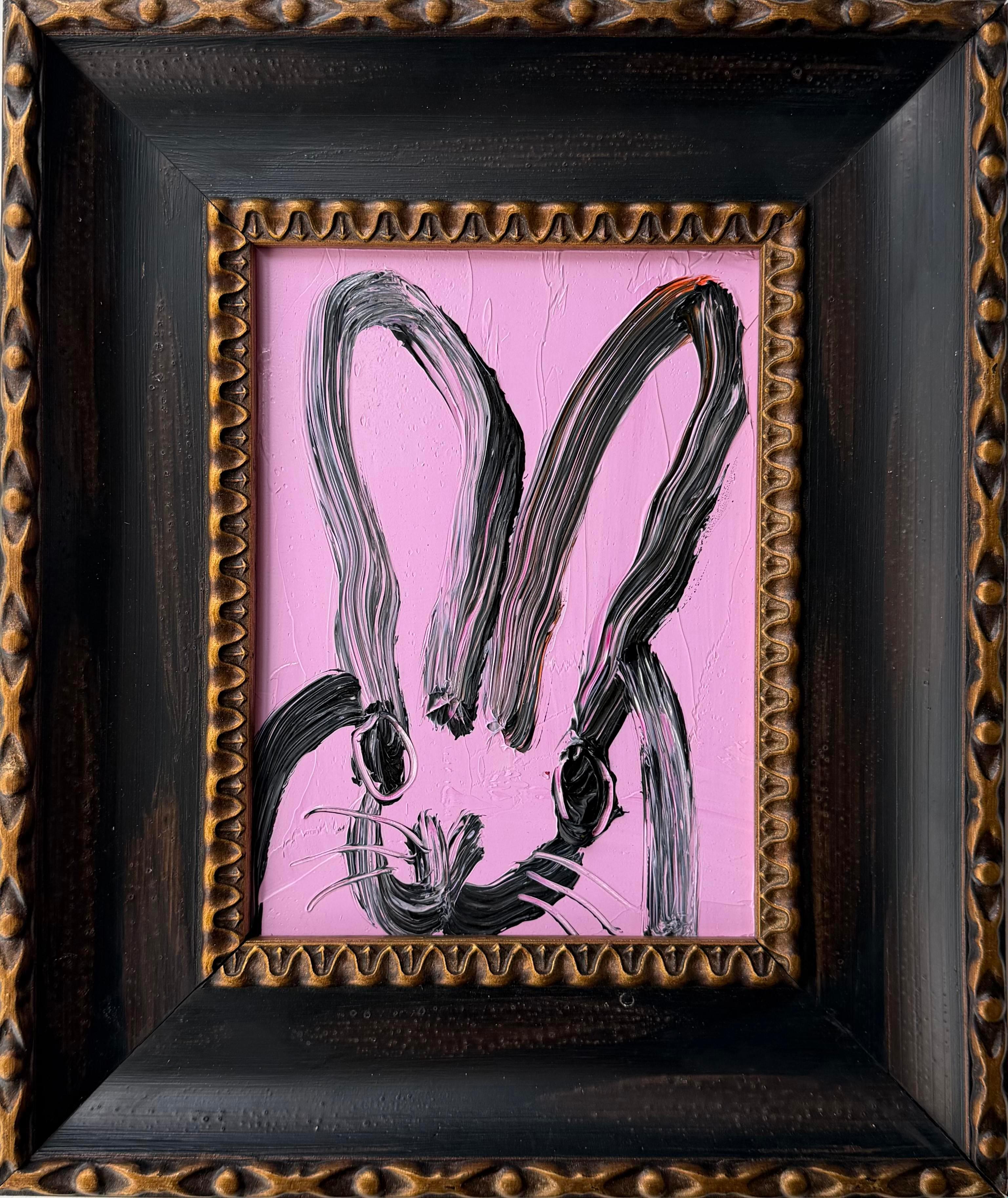 Hunt Slonem "South Hampton" Black and Pink Bunny
A single rabbit gestured in black on a pink background in a vintage frame

Unframed: 8 x 6 inches
Framed: 12.5 x 10.5 inches
*Painting is framed - Please note Hunt Slonem paintings with frames may