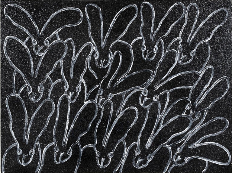 Hunt Slonem "Space Black Diamond Dust" Black Bunnies White Outline
Multiple white outline bunnies on black diamond dust surface

Unframed: 36 x 48 inches

Hunt Slonem is a well-renowned American artist known for his neo-expressionist paintings of