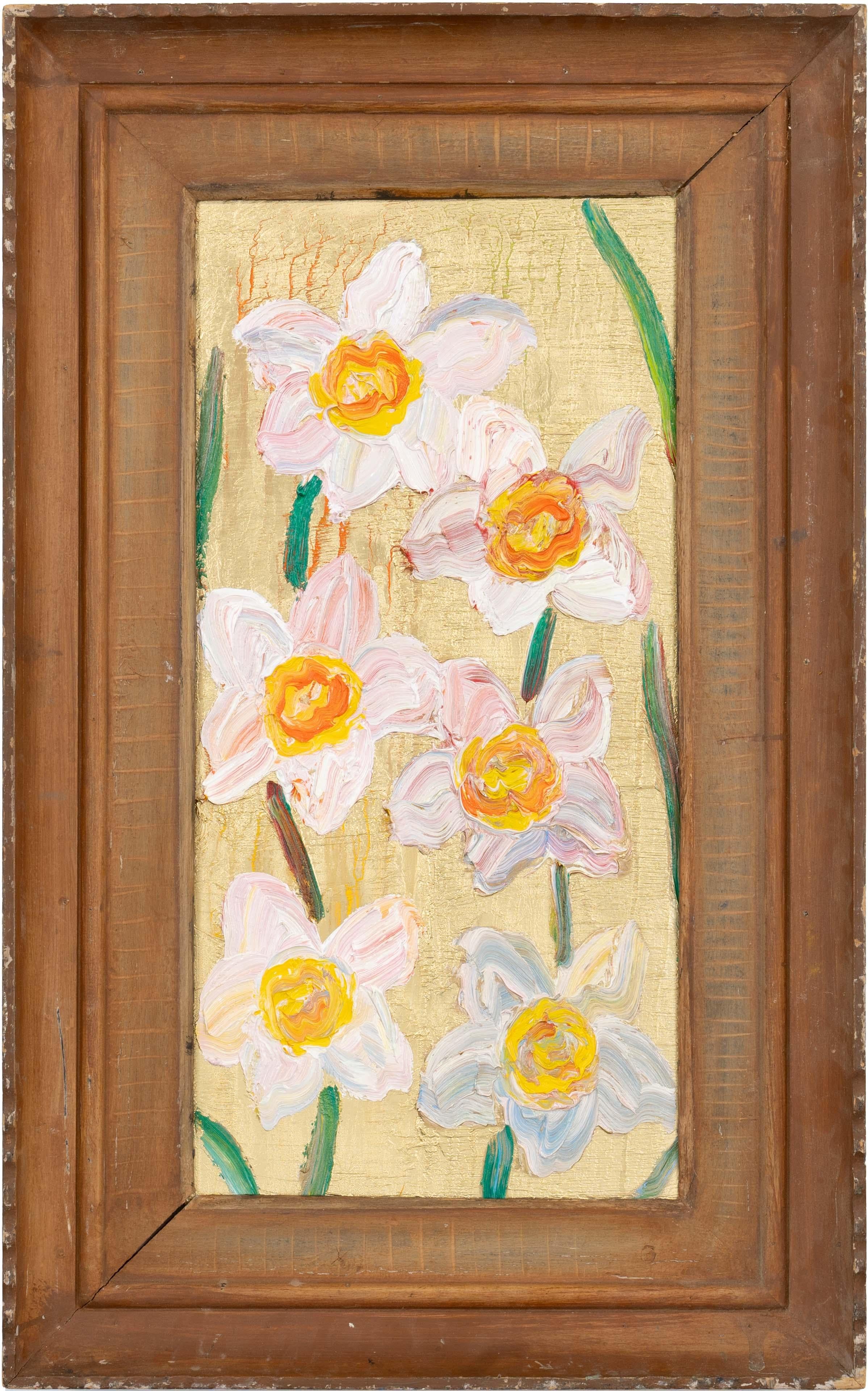 Hunt Slonem "Spring Jonquils" Flowers on Gold
Light flowers with colored accents on a gold metallic background in an antique wooden frame.

Unframed: 27 x 13 inches
Framed: 36 x 22.5 inches
*Painting is framed - Please note Hunt Slonem paintings