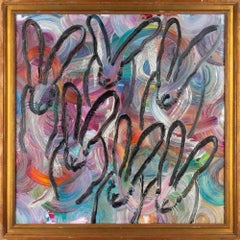 Hunt Slonem "Stormy Totem" Multi-Colored Background with Black Bunnies