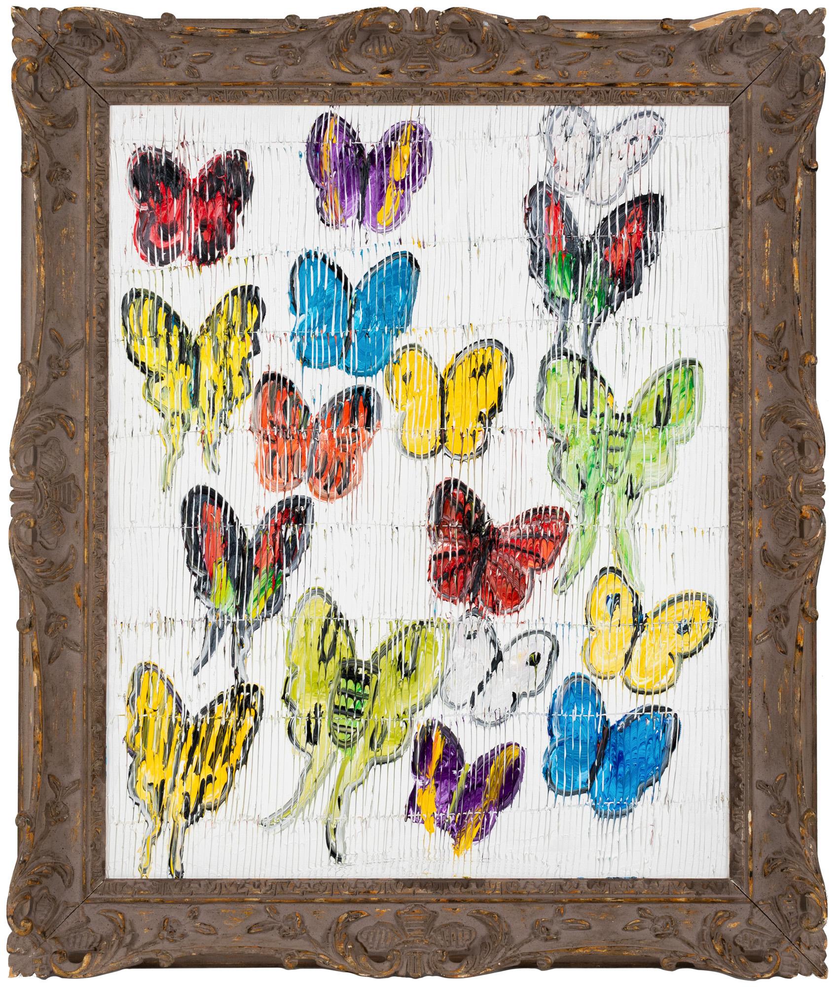 "Summerland" is a neo-expressionist framed oil on canvas depicting a bundle of butterflies. The artist's technique of scoring thousands of individual lines into the thick paint adds organic dimension and interest to this whimsical piece. 

This