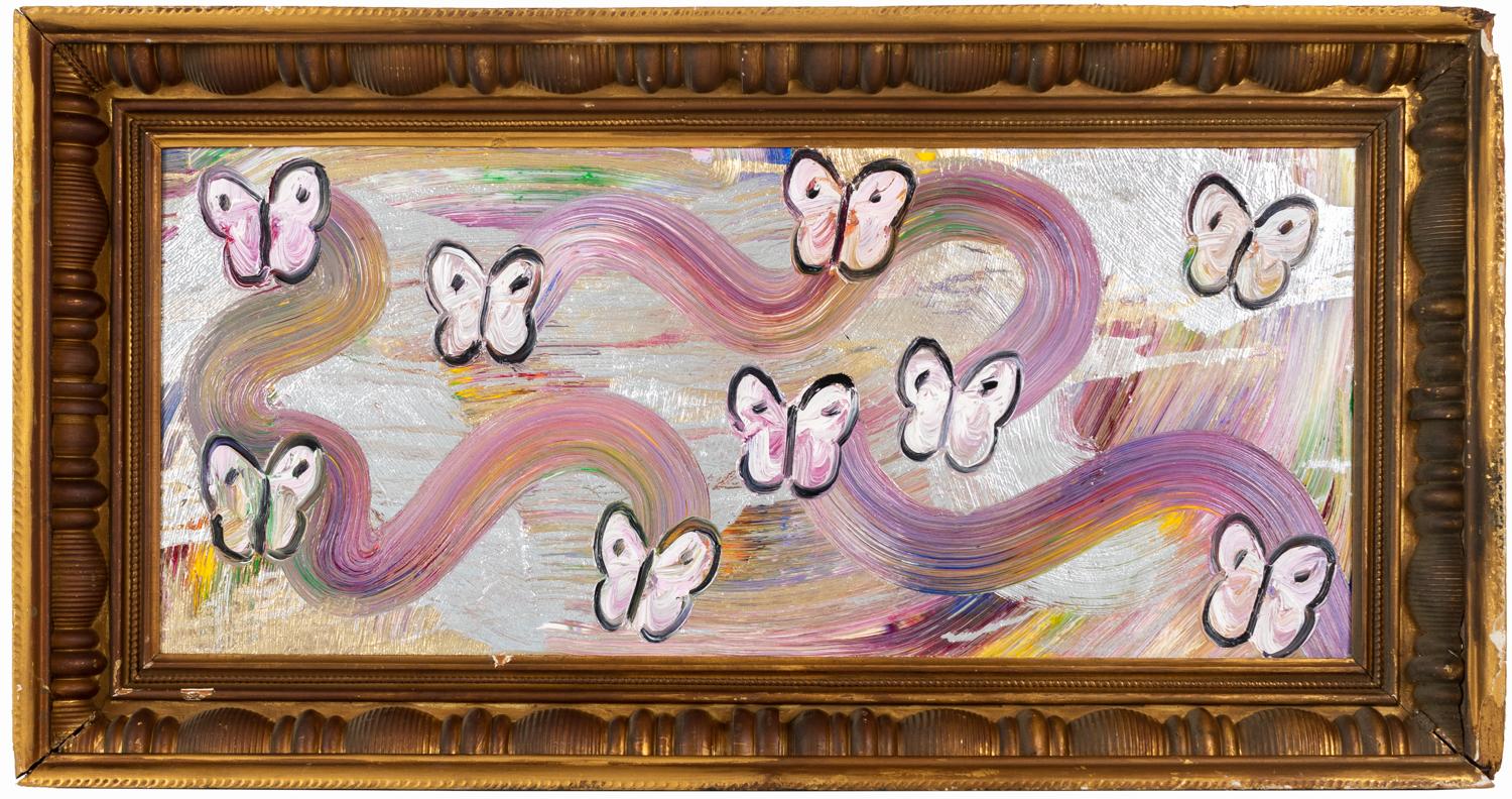 Hunt Slonem "Swoon Swan Lake" Butterflies on Rainbow Metallic
Light pink butterflies outlined in black on a multicolored swirled with metallic paint background. Framed in an antique golden wood frame

Unframed: 18.5 x 42.5 inches
Framed: 26 x 51