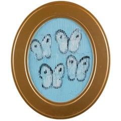 Hunt Slonem, "Swoop", 14x11 Light Blue Oval Textured Butterfly Painting on Board