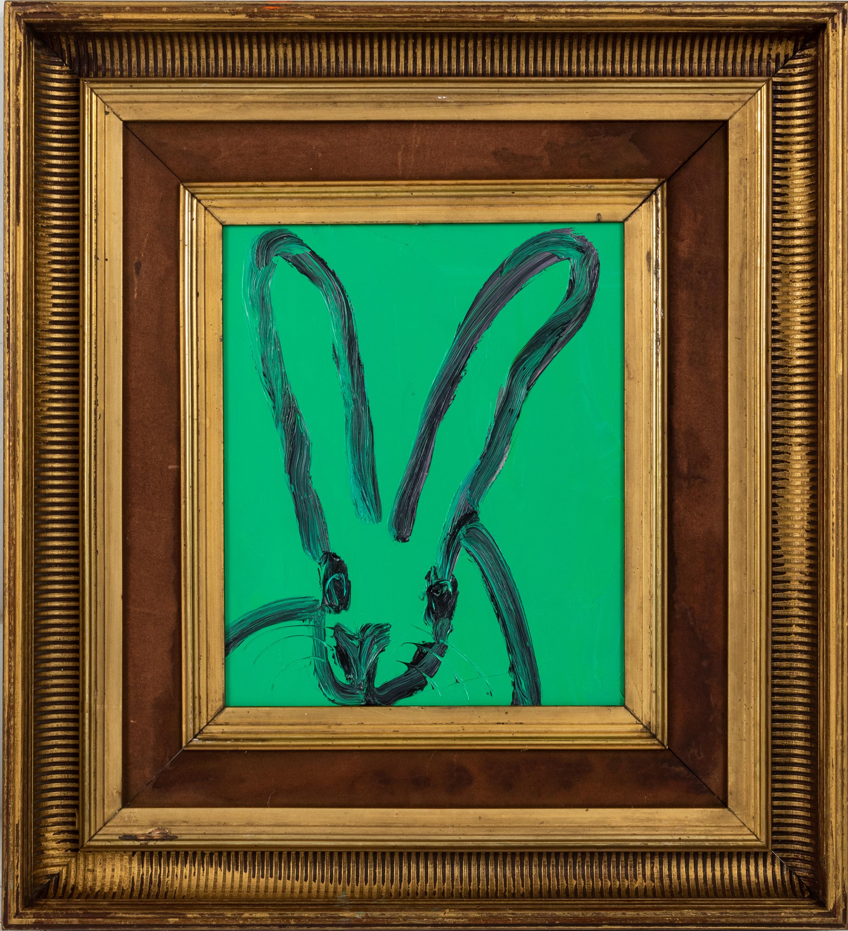 Hunt Slonem "Teal" Green Bunny 
Gestured bunny on a green background in a vintage frame

Unframed: 12.5 x 10 inches  
Framed: 22.5 x 20.5 inches
*Painting is framed - Please note that not all Hunt Slonem frames are not in mint condition. There may