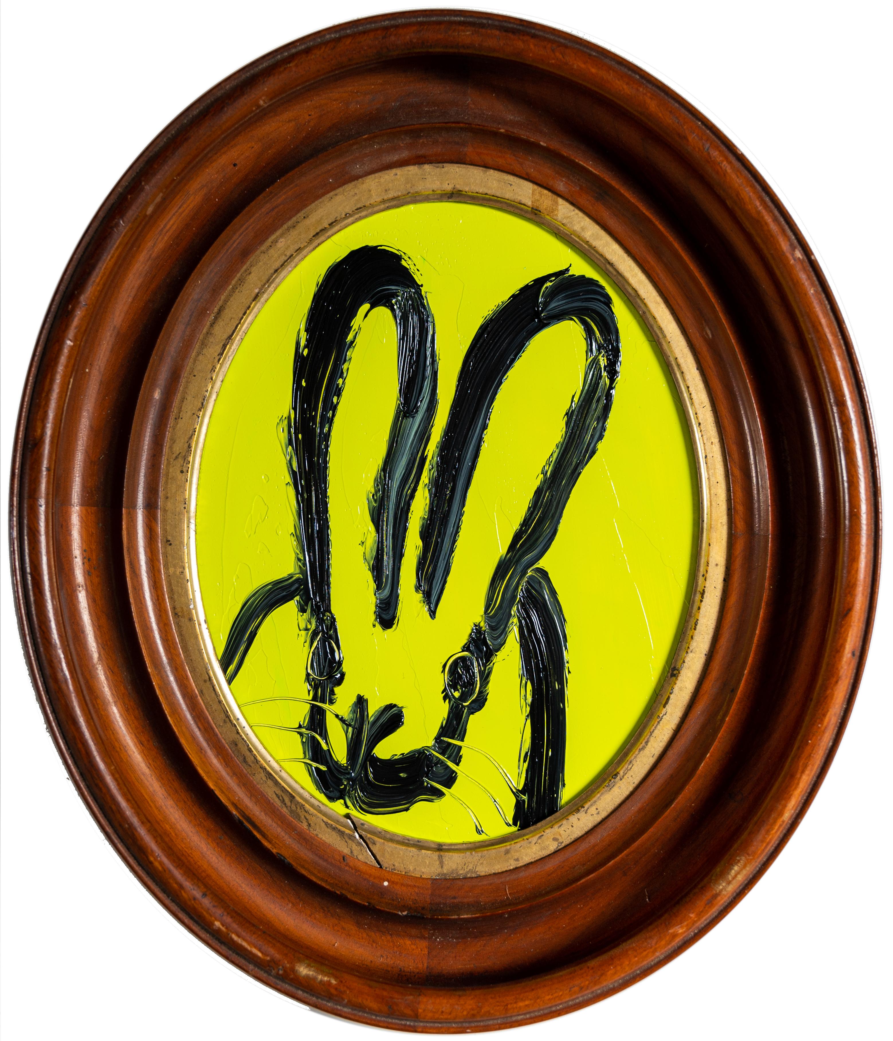 Hunt Slonem "Thalo" Green Bunny
A gestured bunny rabbit in black on a yellow lime green background. Framed in a vintage oval wooden frame.

Unframed: 10 x 8 inches
Framed: 14.5 x 12.5 inches
*Painting is framed - Please note Hunt Slonem paintings