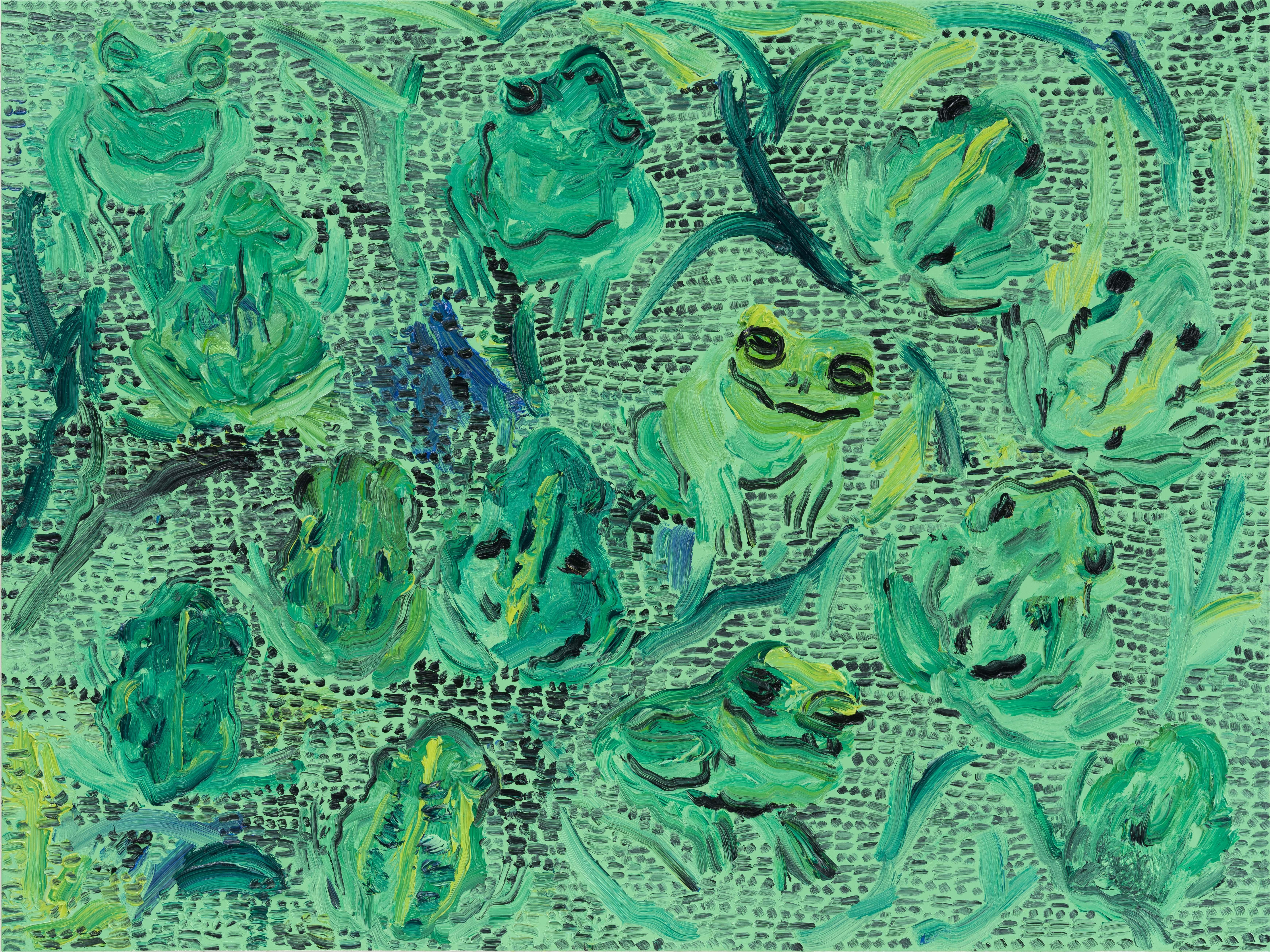 Hunt Slonem "Sapo Hall" Ranas verdes sobre fondo con textura de guardián
Varias ranas en verde con ramas sobre un fondo a juego

Sin enmarcar

Hunt Slonem es un renombrado artista estadounidense conocido por sus pinturas neoexpresionistas de