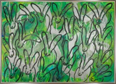Hunt Slonem "Tondo Green Wave" Bunnies on Green Background with Silver Accent