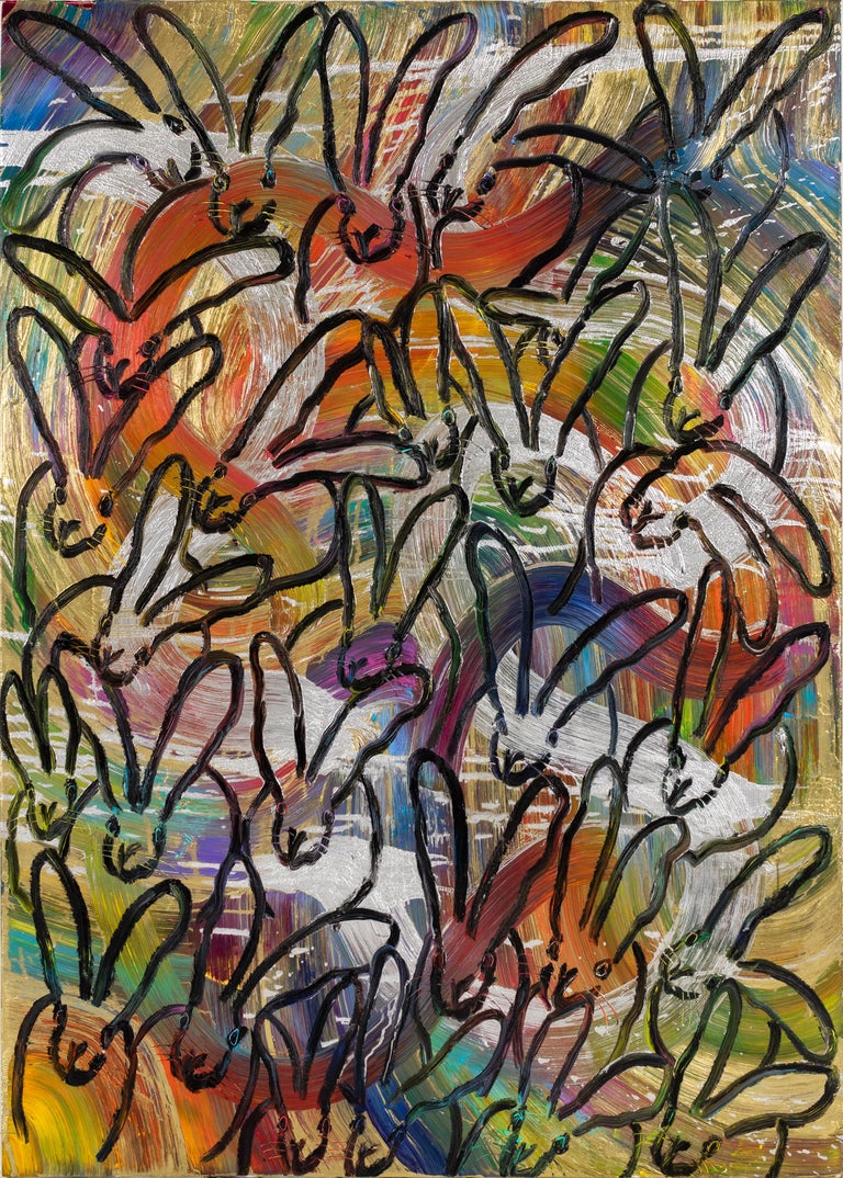 Hunt Slonem "Totem Assumption" Multicolored Metallic Bunnies - Painting by Hunt Slonem
