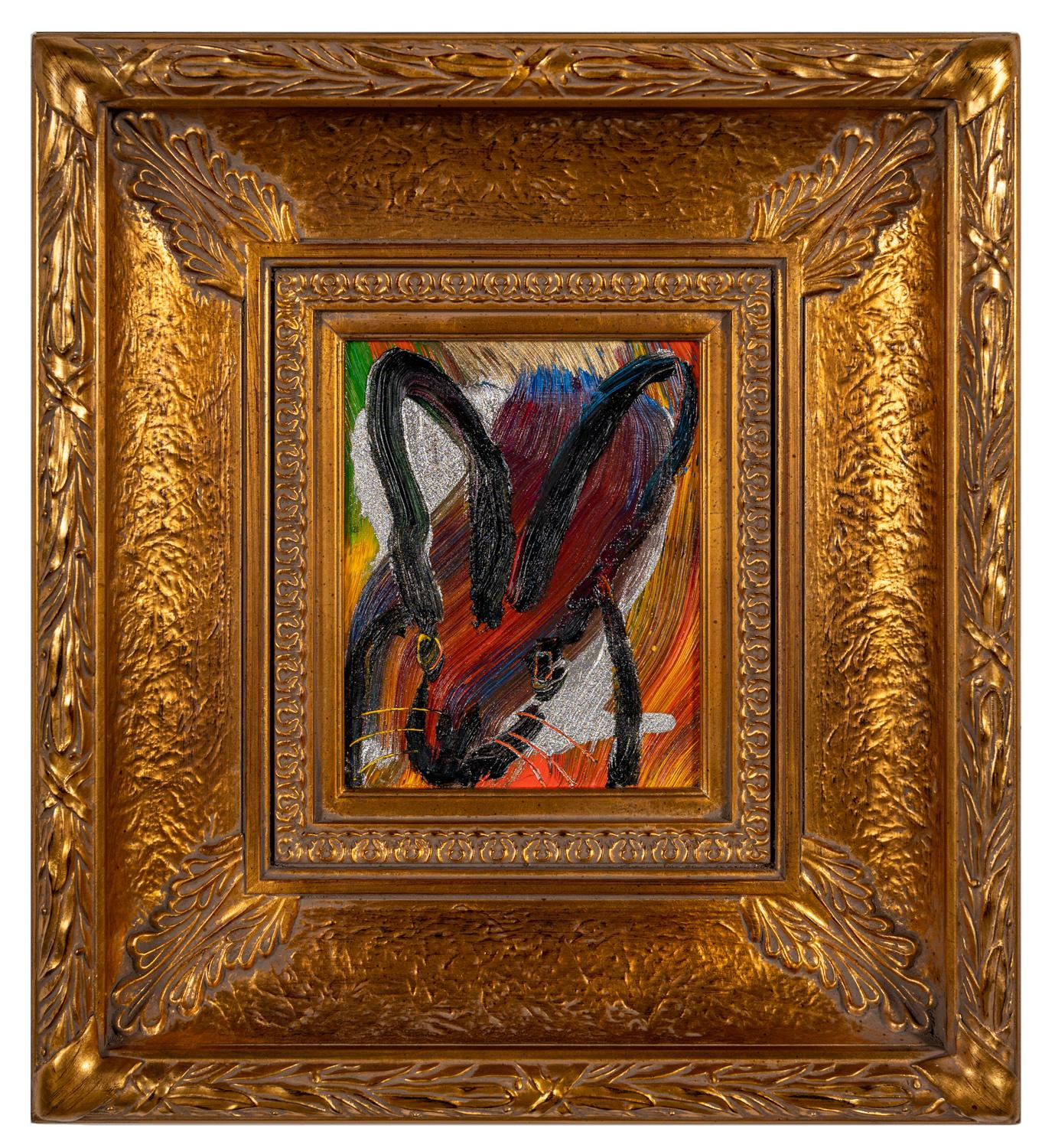 Hunt Slonem "Toem" Bunny on Multicolored Metallic
Single gestured black bunny on a multicolored rainbow background with mixed metallics. Framed in an antique wooden gold frame.

Unframed: 10 x 8 inches
Framed: 23 x 21 inches
*Painting is framed -