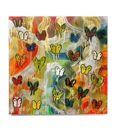 Hunt Slonem "Totem Butterfly" Peinture à l'huile originale sur toile avec papillons