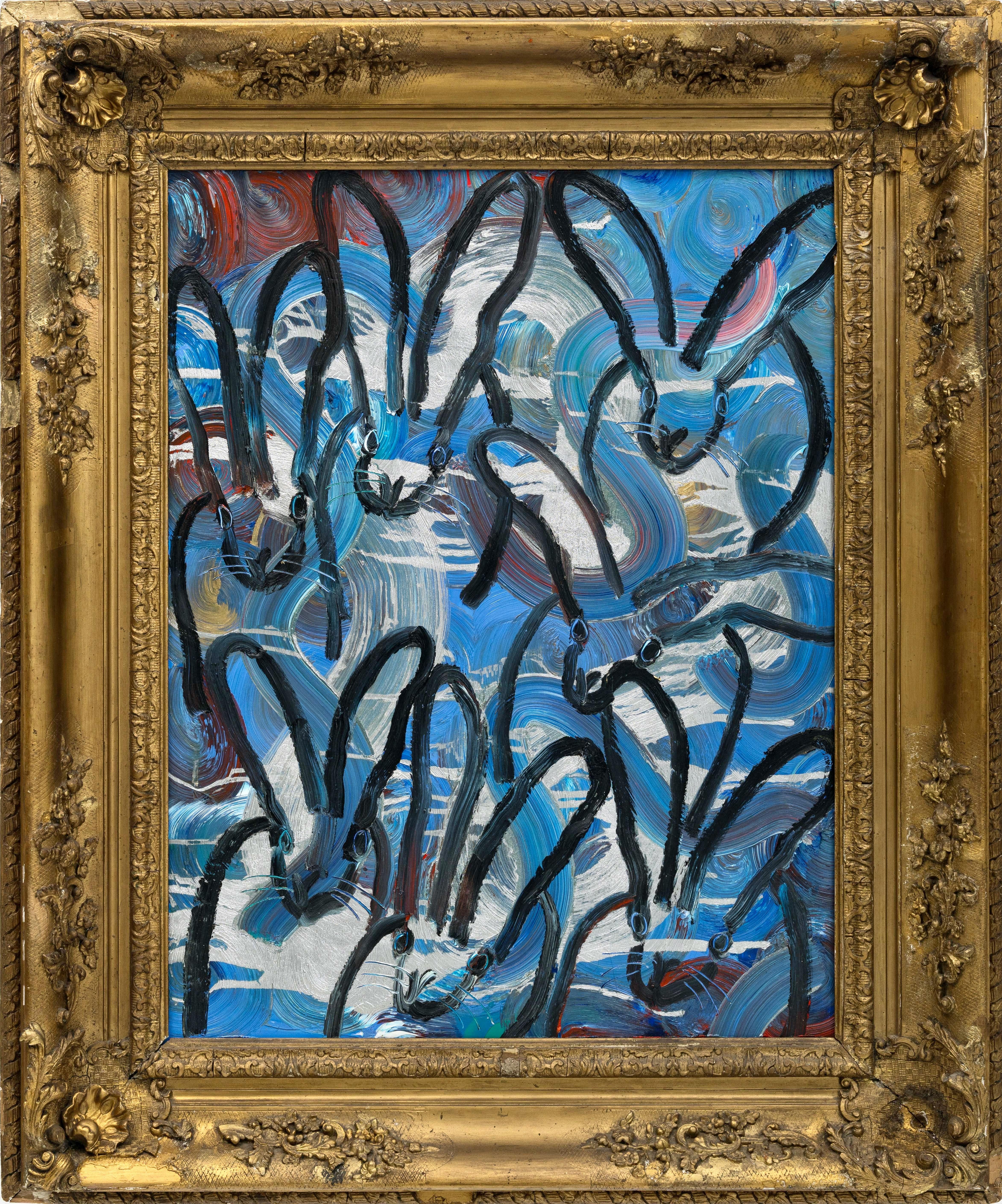 Hunt Slonem "Totem Hutch Visit" Blue, Silver, Gold and Red Bunny Family
A group of seven rabbits gestured in black on a multicolor metallic background in a vintage frame

Unframed: 37.5 x 30 inches
Framed: 49.5 x 41 inches
*Painting is framed -