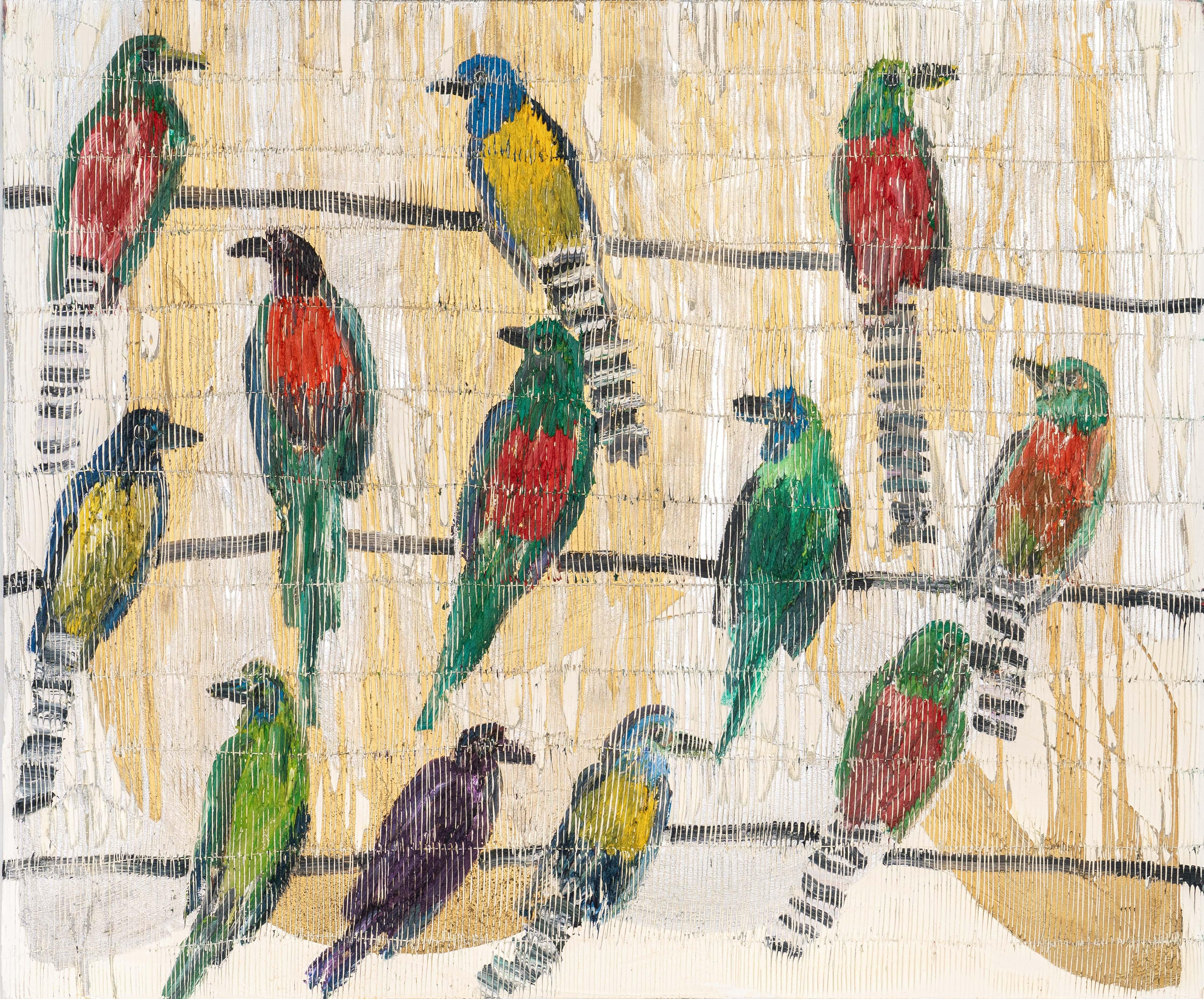 Hunt Slonem "Troyano Dos" Pájaros Metálicos