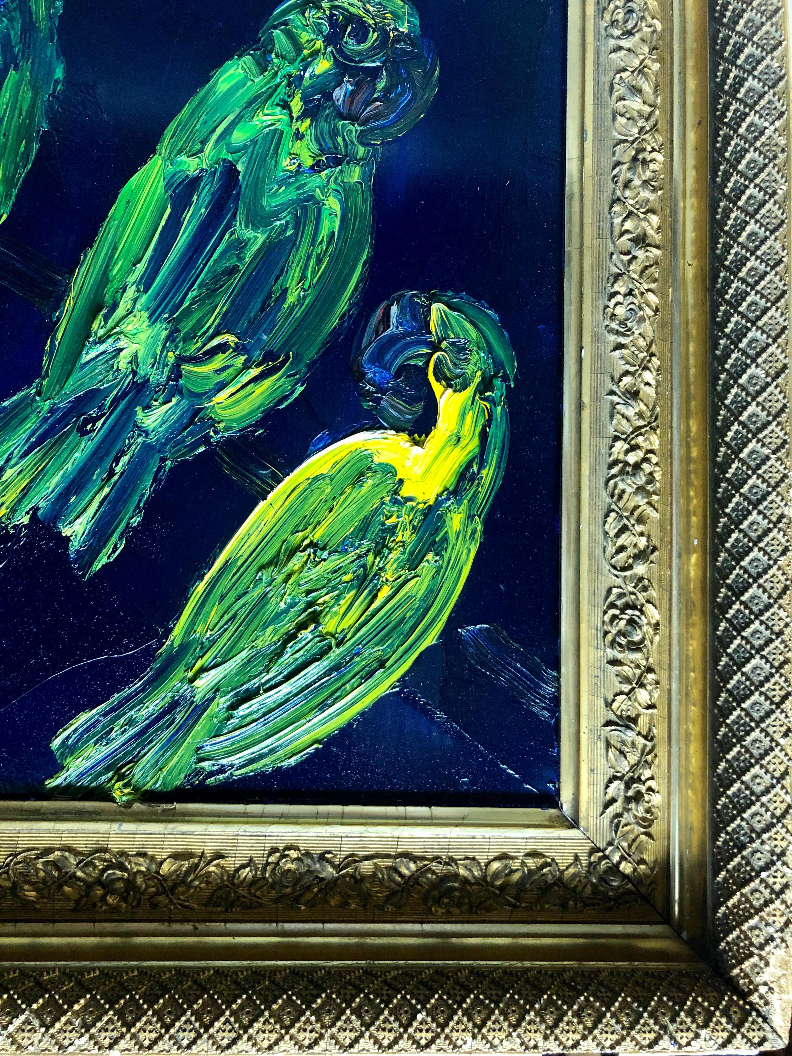 Hunt Slonem, Tropical Blue, Green Parrots on Cobalt Blue, Original Oil Painting 1