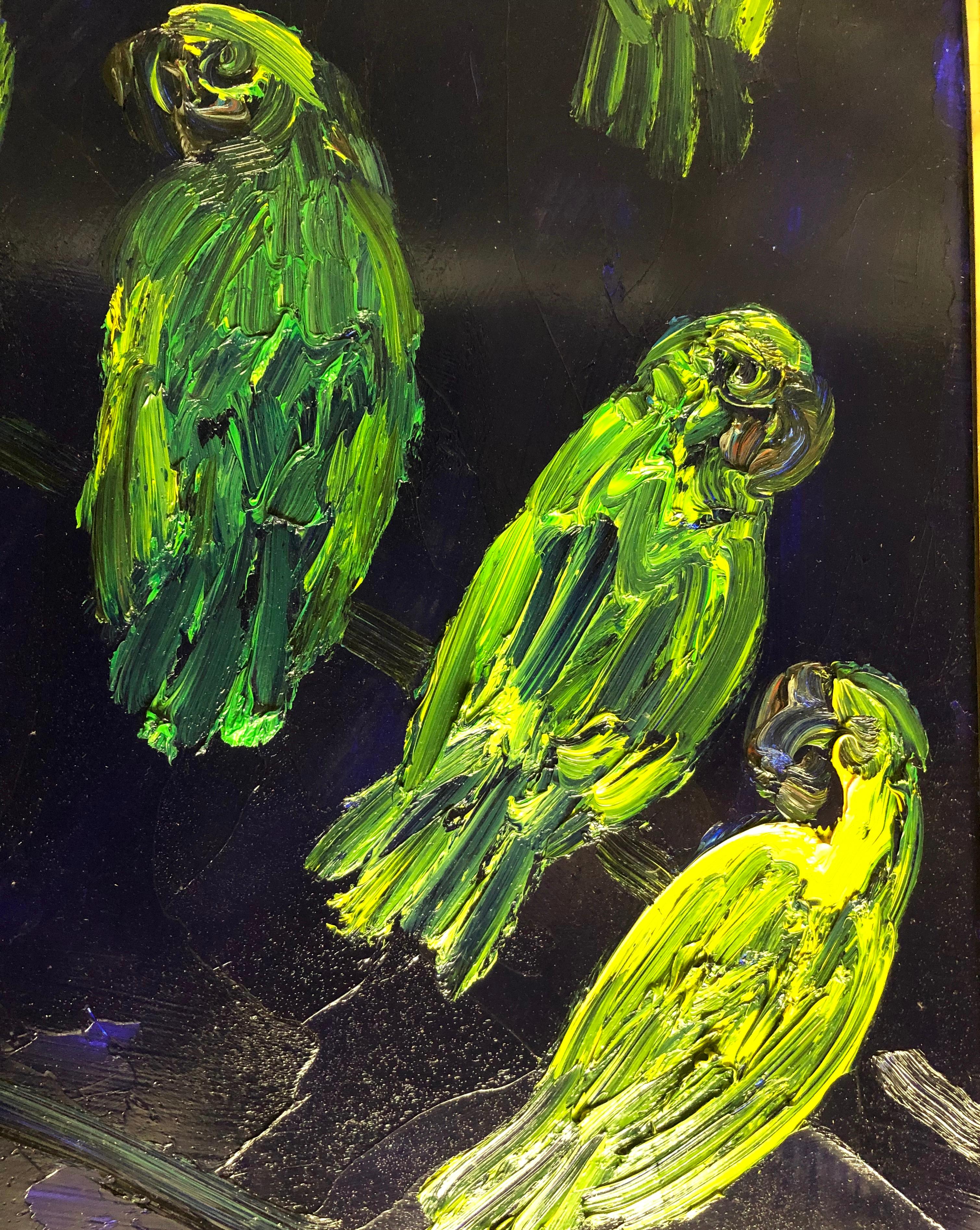 Hunt Slonem, Tropical Blue, Green Parrots on Cobalt Blue, Original Oil Painting 2