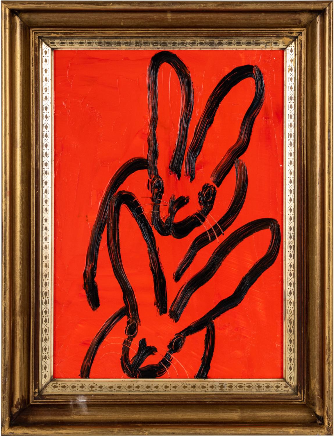 Renowned artist Hunt Slonem's "Tumble Hutch" is a 20.5 x14.5 fire red oil painting on wood board of contemporary abstract bunnies in black. 

*Painting is framed - Please note that not all Hunt Slonem frames are in mint condition. There may be signs