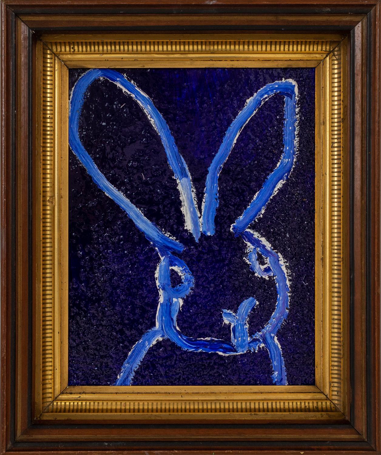 Hunt Slonem Untitled Blue Diamond Dust Bunny
White & light blue gestured bunny on a dark blue diamond dust surfaces in a wooden vintage frame

Unframed: 10 x 8 inches
Framed: 13 x 10.5 inches
*painting is framed*

Hunt Slonem is a well-renowned