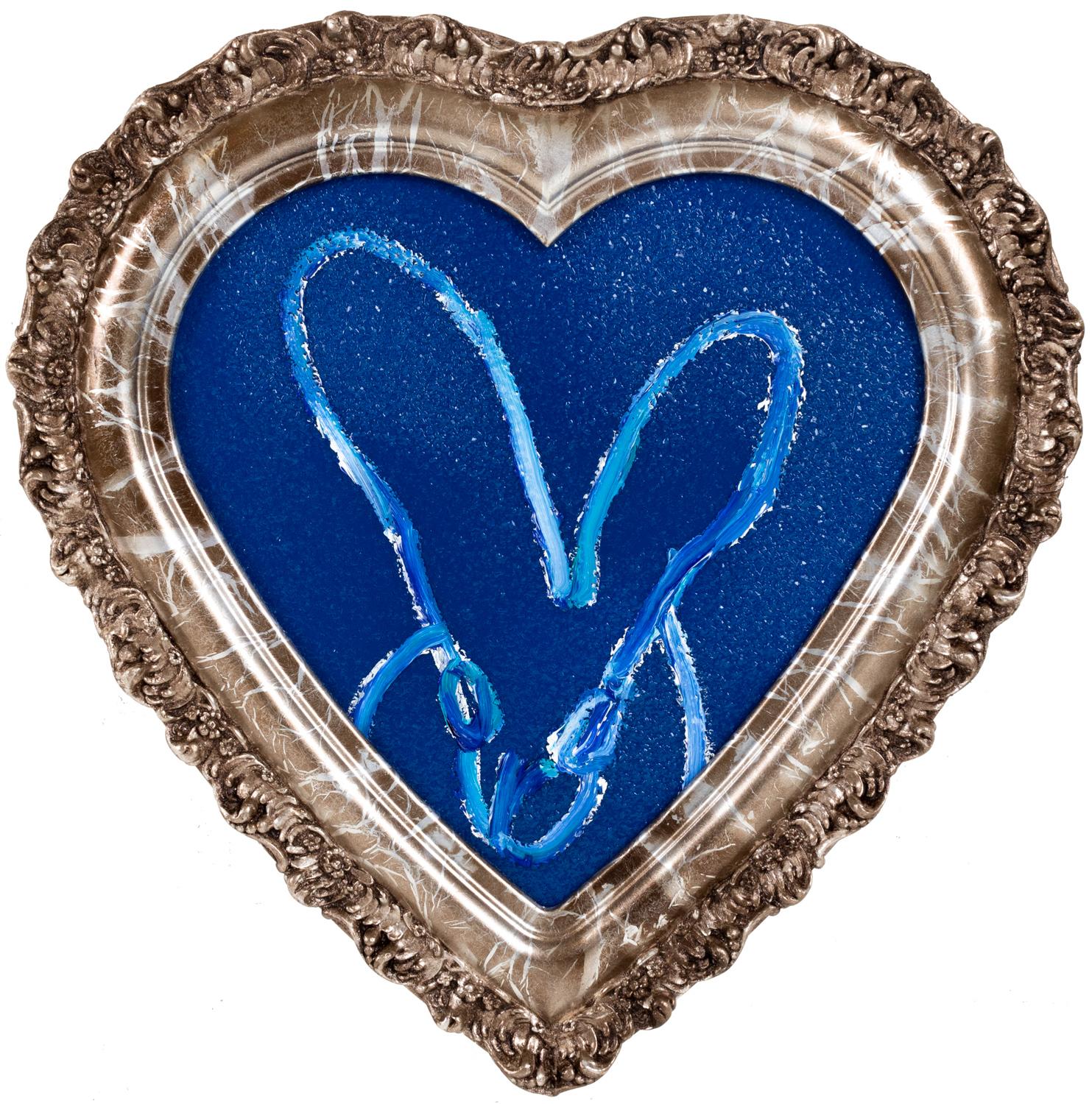 Hunt Slonem "Untitled" Blue White Outline Bunny On Blue Diamond-Dust Heart