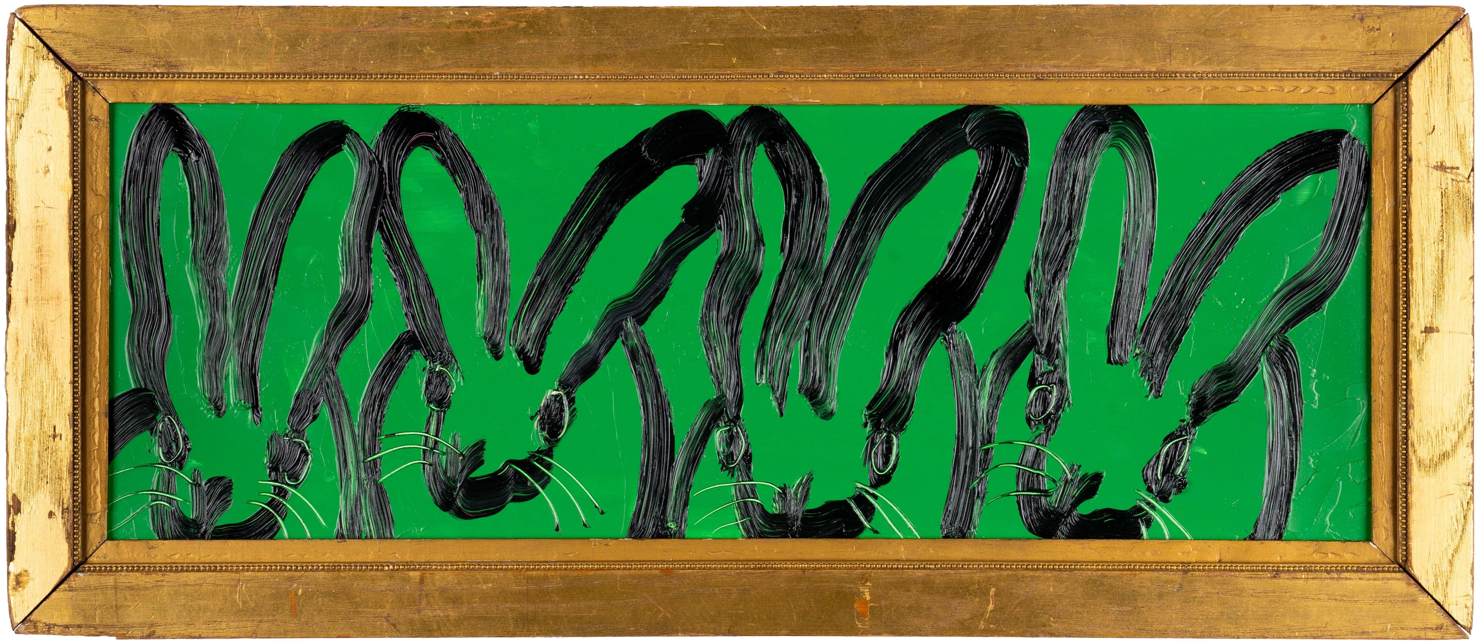 Hunt Slonem "UNTITLED" Bunnies on Green
Four black gestured bunnies on a dark green background, framed in an antique golden wood frame.

Unframed: 9 x 25.5 inches
Framed: 12.5 x 29 inches
*Painting is framed - Please note Hunt Slonem paintings with