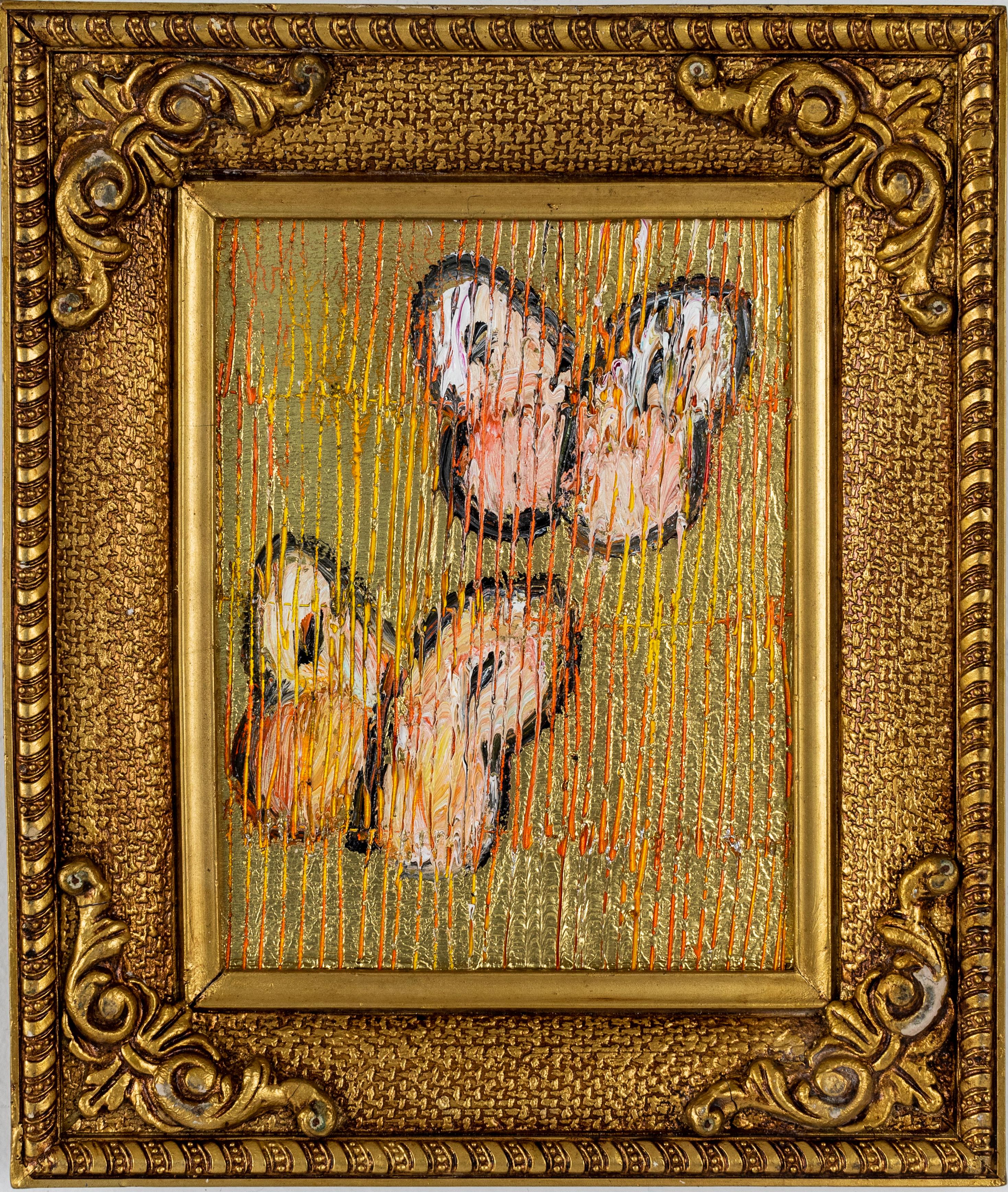 Hunt Slonem "Untitled" Gold Metallic Butterflies
Orange, yellow, and white butterflies on a gold metallic scored background in an antique frame

Unframed: 10 x 8 inches  
Framed: 16.5 x 14 inches
*Painting is framed - Please note that not all Hunt