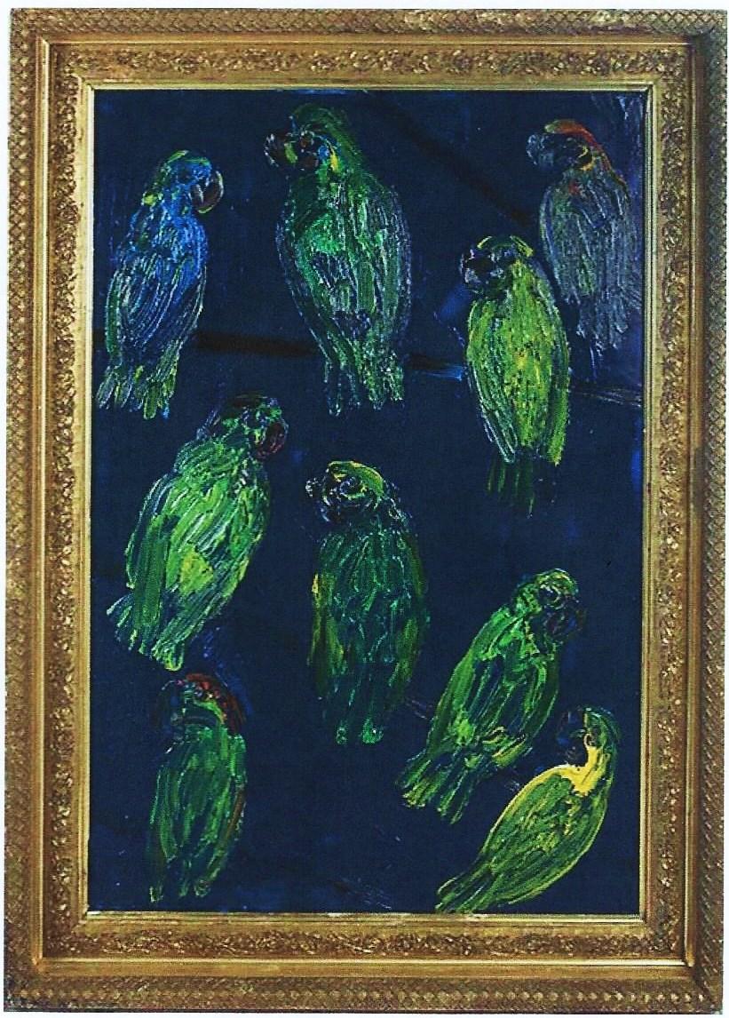 Hunt Slonem, Untitled (tropical blue and green birds on vivid blue background), 2014, oil on wood, 43x28 in.
This artwork is framed in an antique gold leaf frame.

Inspired by nature, and his 60 pet birds, Hunt Slonem is renowned for his distinct