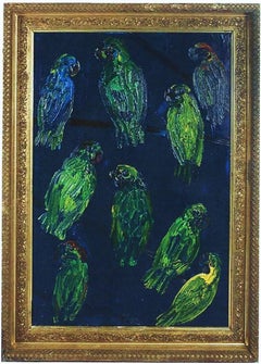 Hunt Slonem, Tropical Blue, Green Parrots on Cobalt Blue, Original Oil Painting