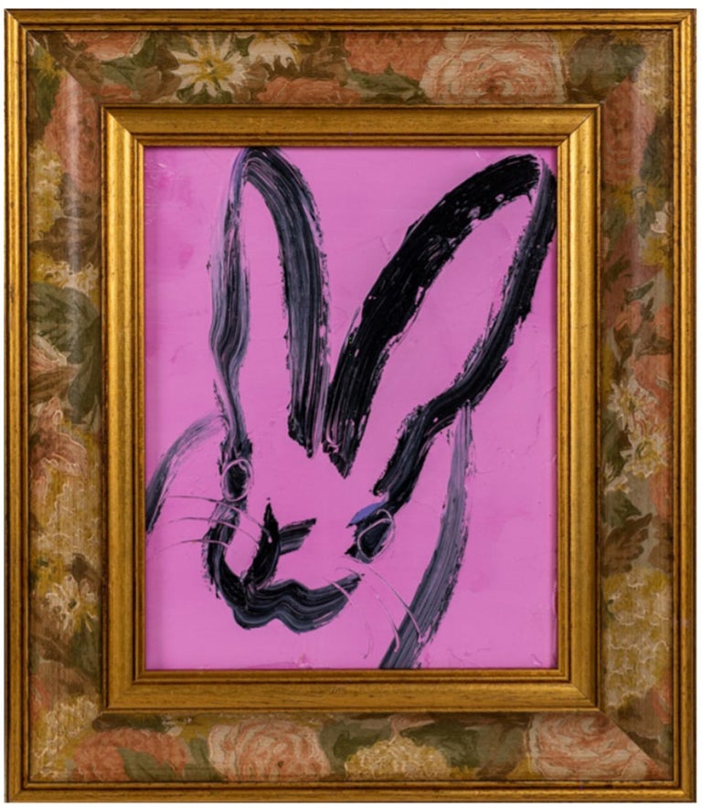 Hunt Slonem, "Untitled", Pink Bunny Oil Painting on Wood Board in Antique Frame - Brown Figurative Painting by Hunt Slonem