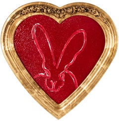 Hunt Slonem "Untitled" Red White Outline Bunny On Red Diamond-Dust Heart