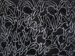 Hunt Slonem "Untitled" White Outline Bunnies on Black Diamond Dust Background