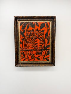 Hunt Slonem Vivid Red Orange Owl Painting 'Vancouver' Oil on Wood