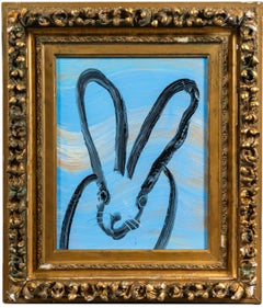 Hunt Slonem "Whisp & Willow" Black Outline Bunny On Light Blue Swirl