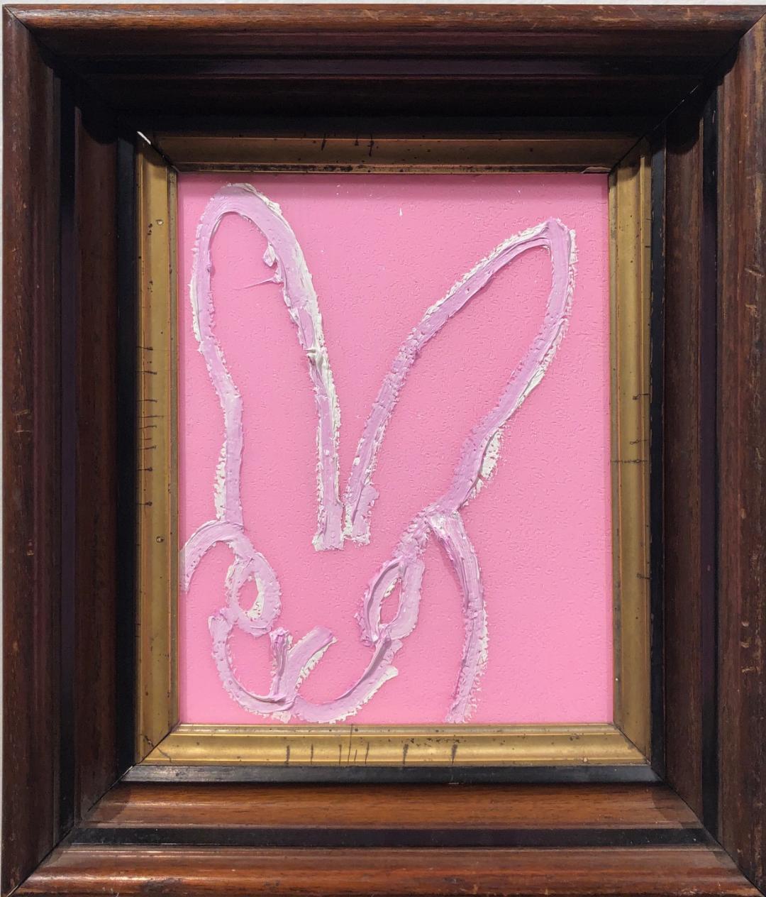 Renowned artist Hunt Slonem's "White and Purple Bunny on Pink" 10x8 white and purple oil and pink diamond dust painting on wood board of a contemporary abstract rabbit in his choice of antique framing.

*Painting is framed - Please note that not all