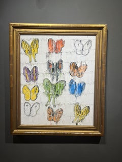 Hunt Slonem, "White Field", 28x23 Colorful Textured Butterfly Oil Painting