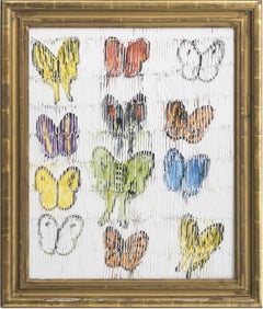 Hunt Slonem, "White Field", 28x23 Colorful Textured Butterfly Oil Painting
