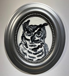 Hunt Slonem "Wise Owl" Oval Black Outline Bird Painting on White