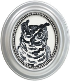 Hunt Slonem "Wise Owl" Oval Black Outline Bird Painting on White