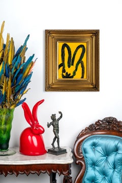 Hunt Slonem "Yellow Submarine" Single Black and Green Outline Bunny on Yellow