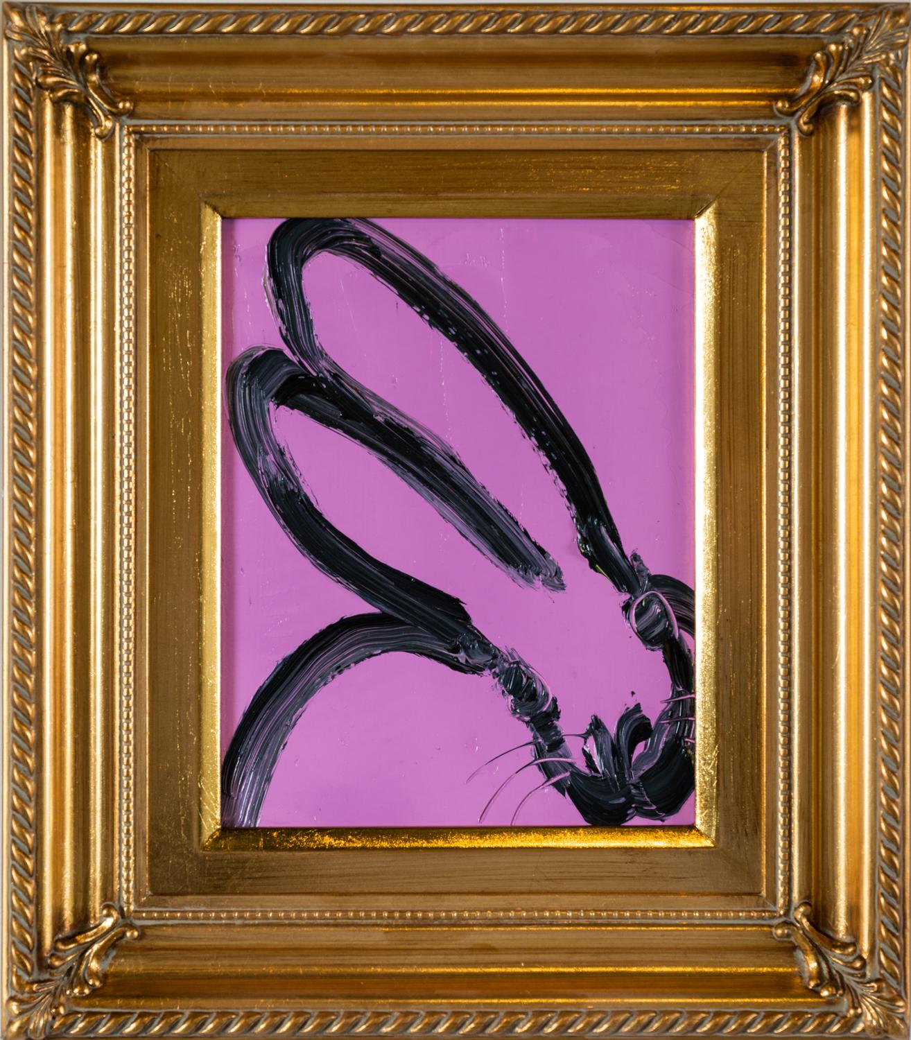 Available at Madelyn Jordon Fine Art. Hunt Slonem's bunny oil painting 'Profile' 2022. Oil on wood, 10 x 8 in. / Frame: 16.25 x 14.25 in. This painting features Slonem's signature bunny outlined in black over a purple background. Framed in a