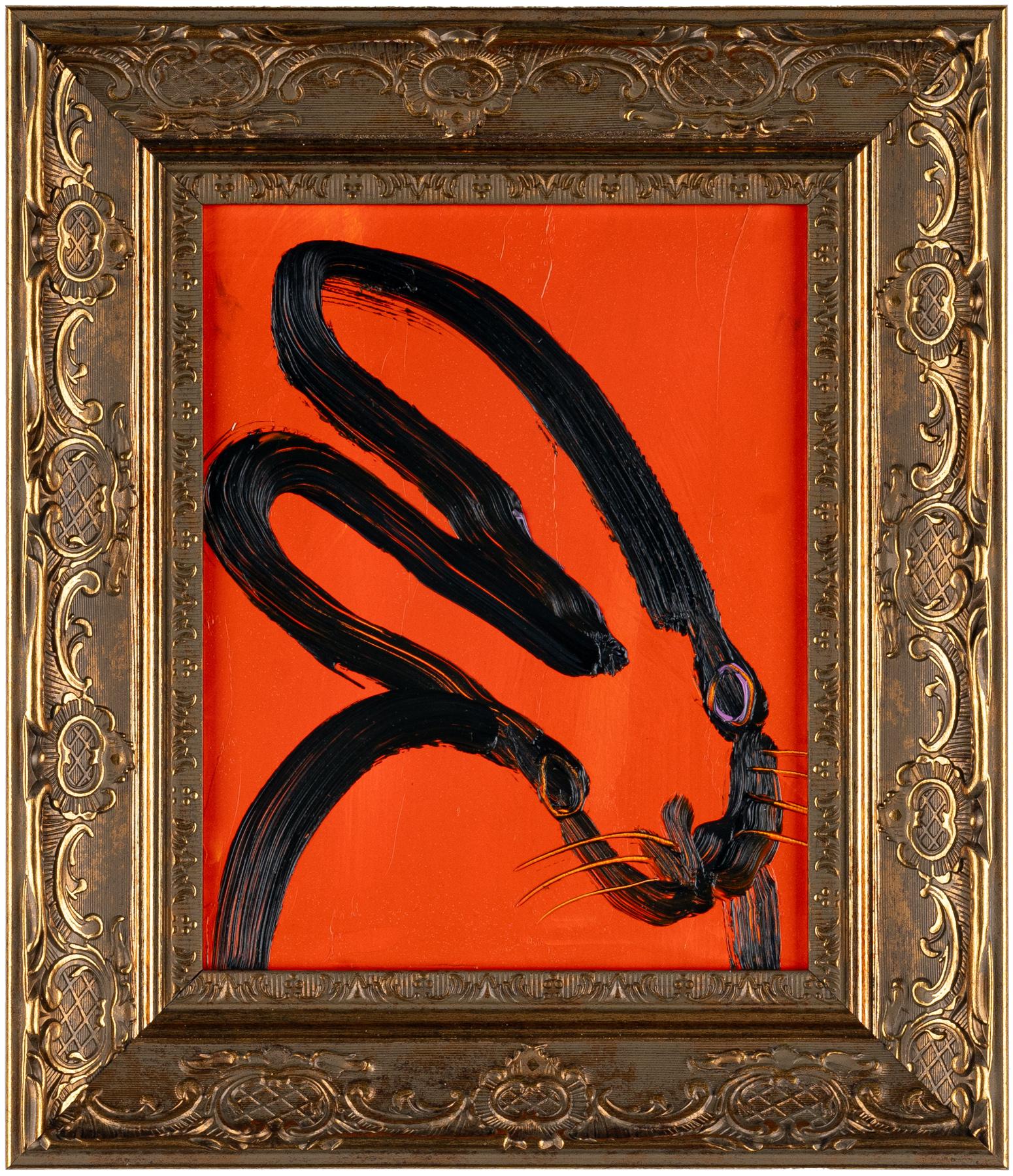Available at Madelyn Jordon Fine Art. Hunt Slonem's bunny oil painting 'Winter' 2024. Oil on wood, 10 x 8 in. / Frame: 14.5 x 12.5 in. This painting features Slonem's signature bunny outlined in black over a red background. Framed in a hand-picked,