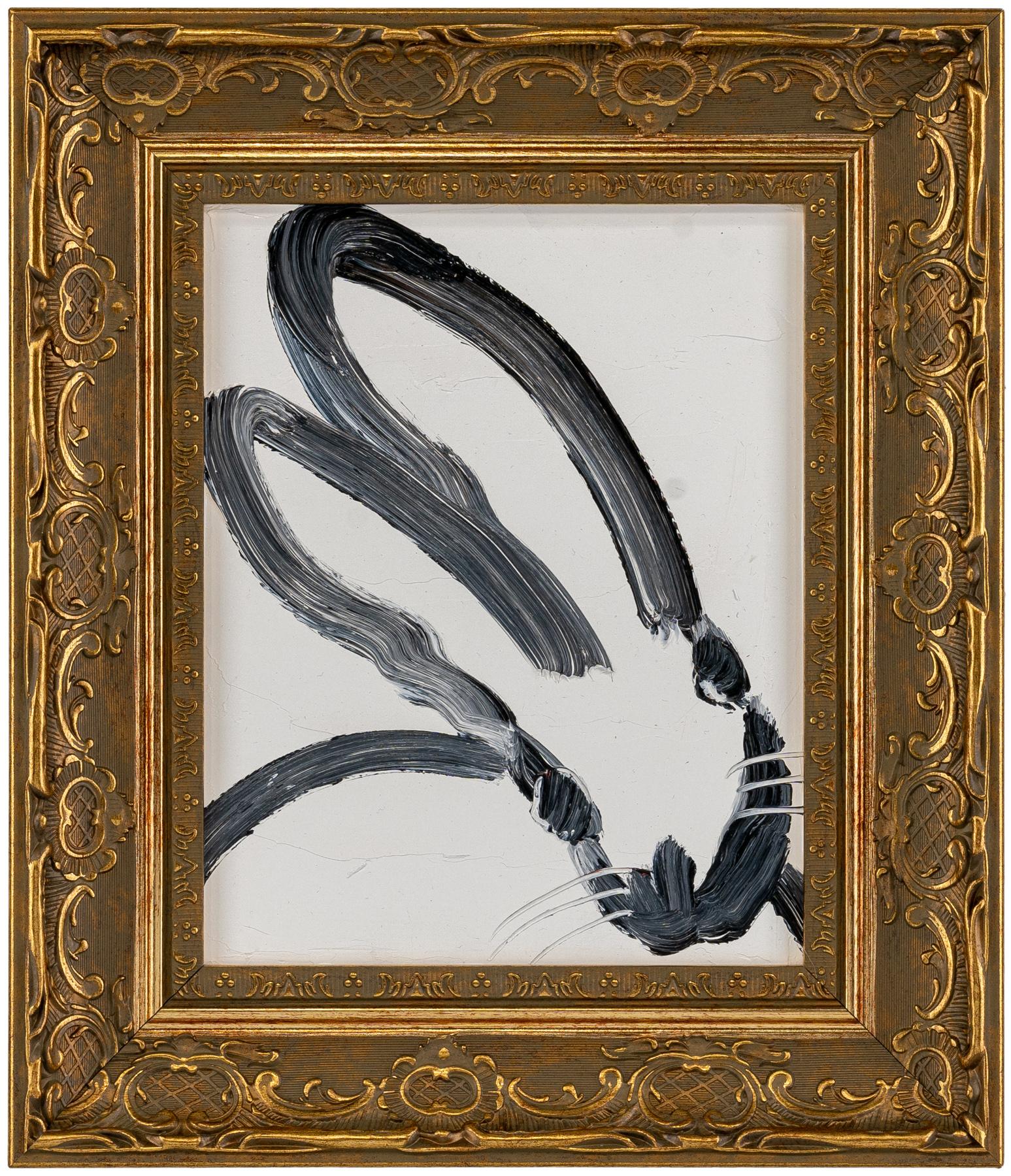 Available at Madelyn Jordon Fine Art. Hunt Slonem's bunny oil painting 'Winter' 2024. Oil on wood, 10 x 8 in. / Frame: 14.5 x 12.5 in. This painting features Slonem's signature bunny outlined in black over a white background. Framed in a