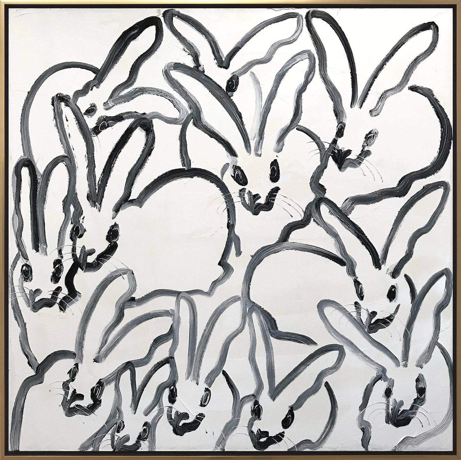 Hunt Slonem Abstract Painting - "Hutch" Black Outline Bunnies on White Background Oil Painting on Canvas