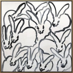 "Hutch" Black Outline Bunnies on White Background Oil Painting on Canvas