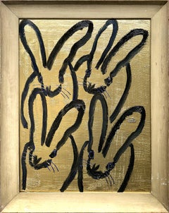 "Hutch Golden Rod" Black Bunnies on Gold Background Oil Painting on Wood