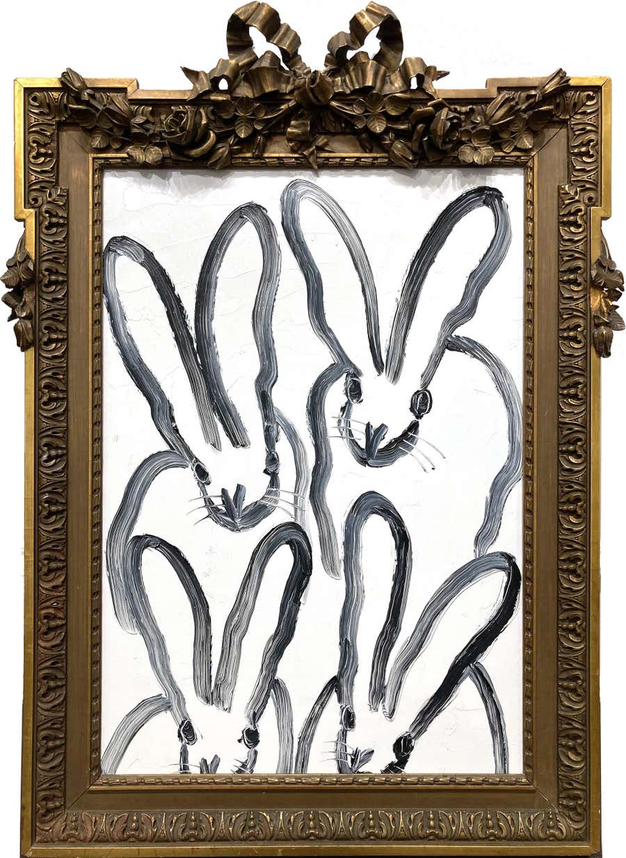 "Hutch Seaview New Port" Bunnies on White Background Oil Painting Antique Frame