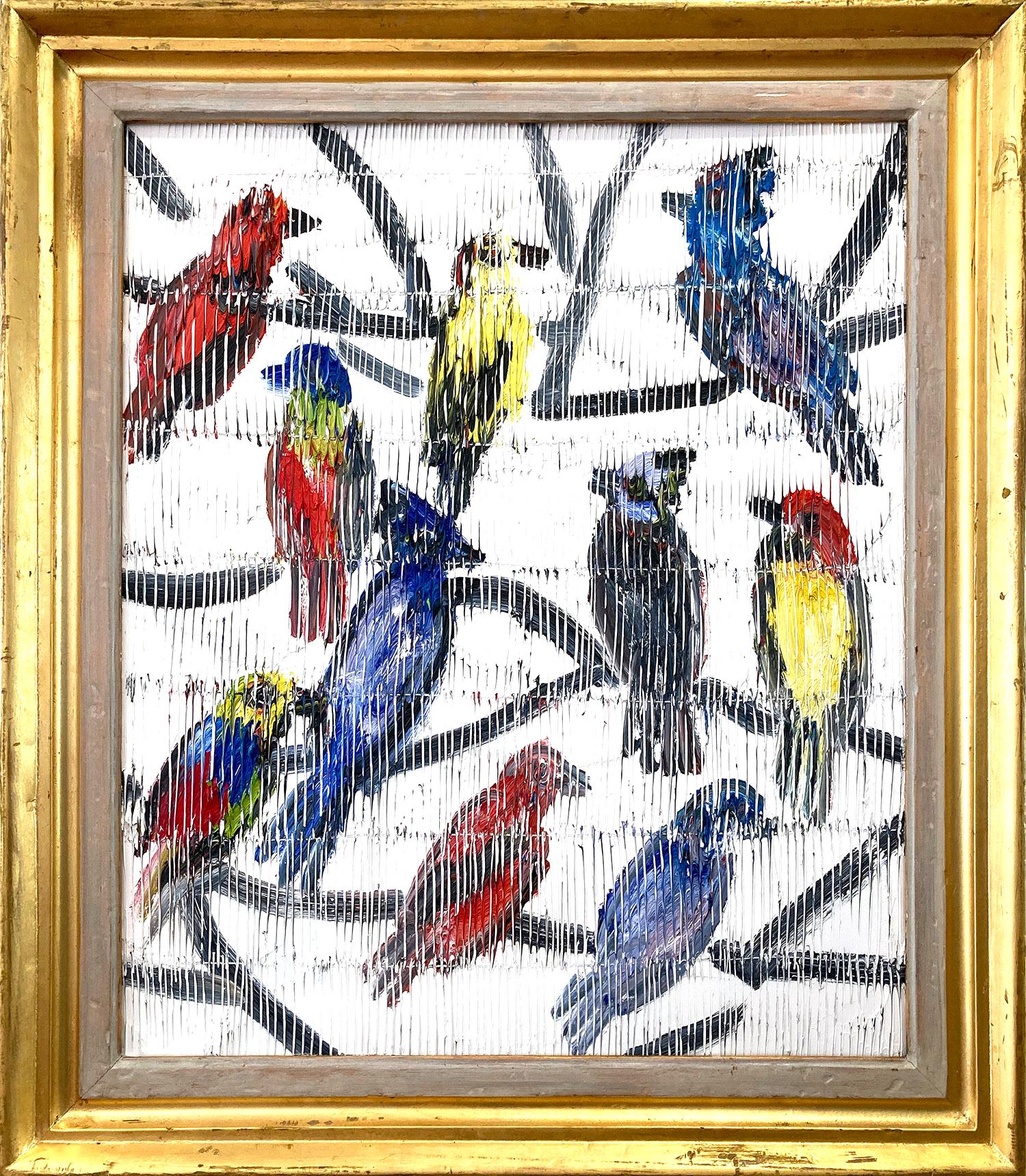 "Indigo 2" Multicolored Birds with White Background Oil Painting on Wood