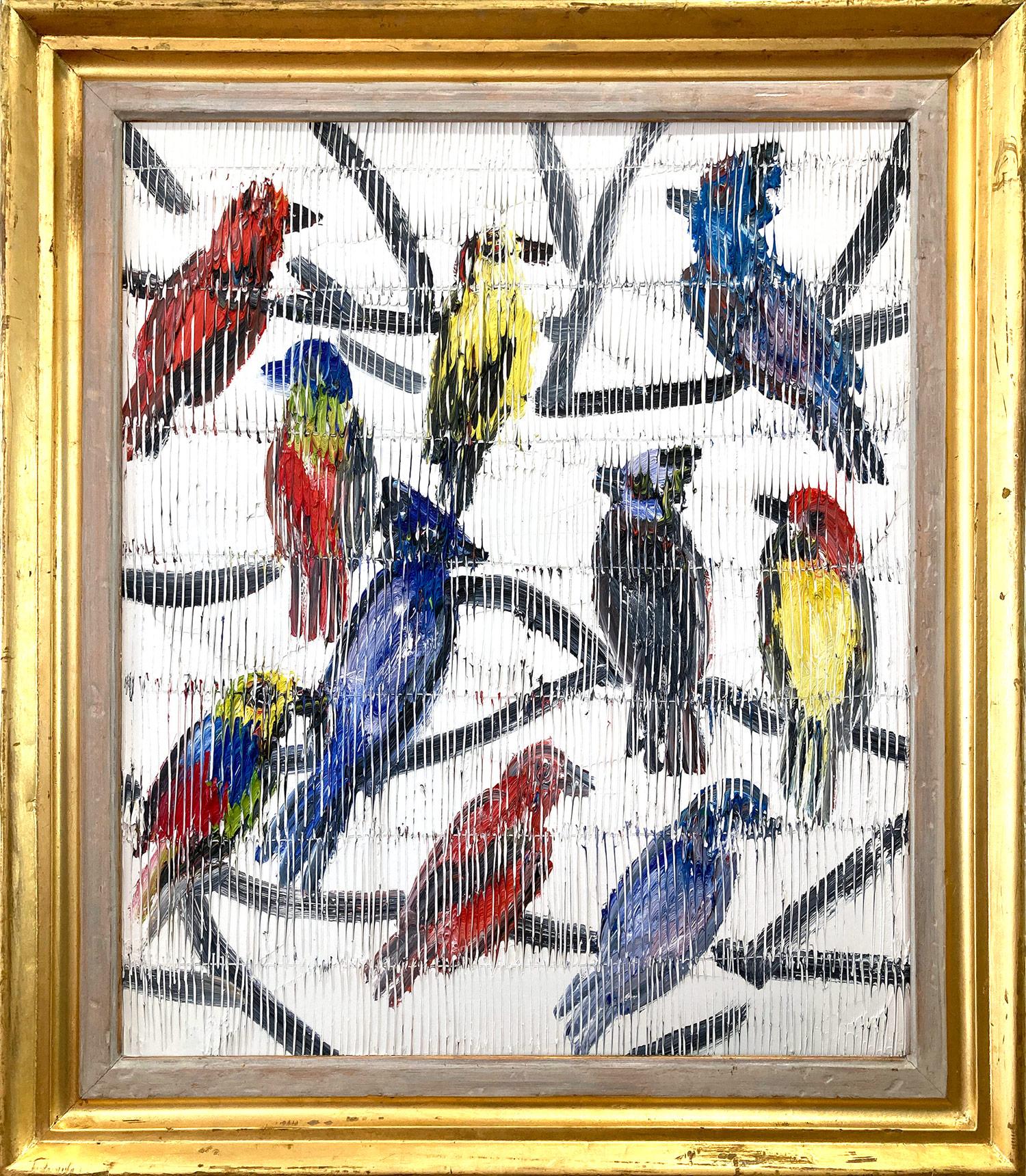 Hunt Slonem Animal Painting – ""Indigo 2" Mehrfarbige Vögel mit weißem Hintergrund Ölgemälde auf Holz