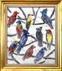 "Indigo 2" Multicolored Birds with White Background Oil Painting on Wood