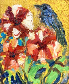 "Indigo Bunting" Flowers and Blue Bird on Yellow Background Oil Painting on Wood