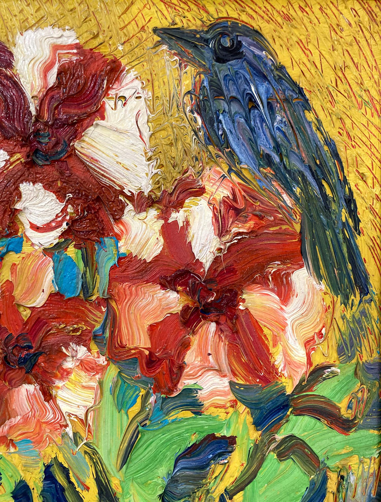 Una maravillosa composición de uno de los temas más emblemáticos de Slonem, las aves. El grueso uso de la pintura es muy reconocible, ya que aplica una capa tras otra de pintura al óleo multicolor sobre un fondo blanco intenso. A continuación,