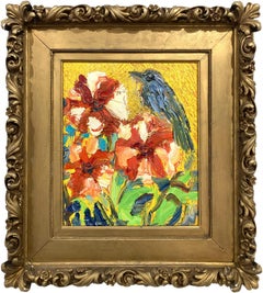 „Indigo-Bunting“ Blumen und blauer Vogel auf gelbem Hintergrund, Ölgemälde auf Holz