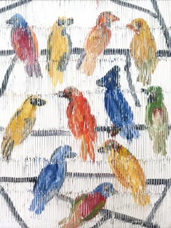 "Indigo Bunting" Multicolored Birds with White Background Oil Painting on Wood